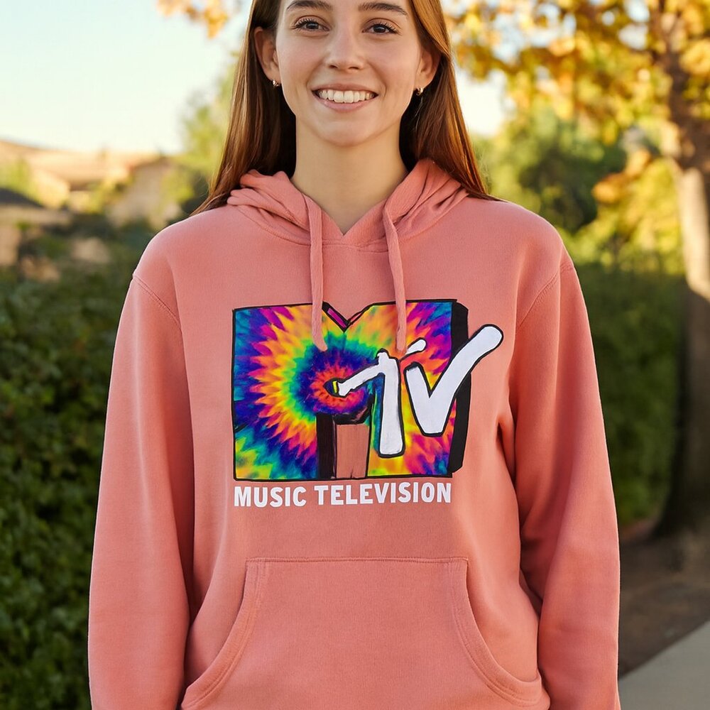MTV Music Television Graphic Pink Sweatshirt Hoodie Tye Dye Kangaroo Pocket M